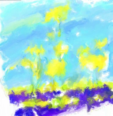 a watercolour-effect created digitally on the tablet of a landscape with flowers